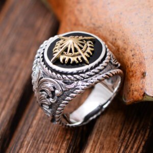 威卡纯银  S925太阳花男款金色精工十字纯银戒指复古泰银新品