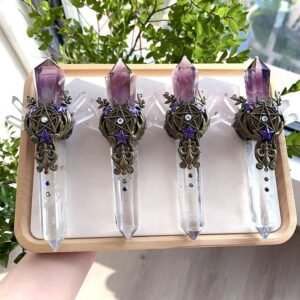 天然水晶魔法权杖紫晶柱加白水晶魔法棒手工制作原创设计能量水晶