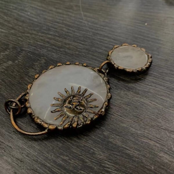 天然能量水晶 复古风天然粉晶太阳双圆吊坠手工包边  产品灵气师手工 - 图片 2