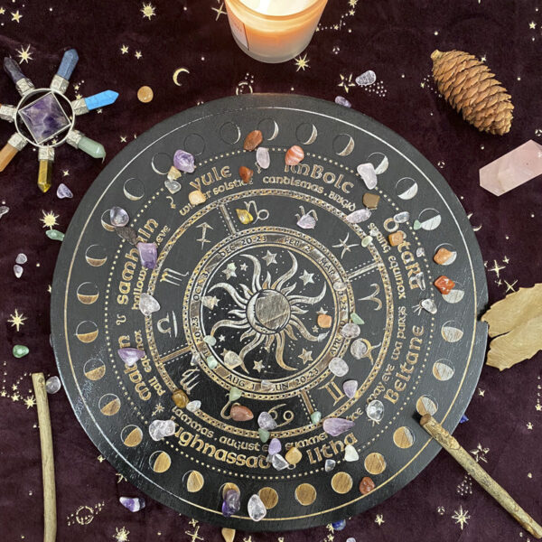 女巫占卜水晶橡木能量盘  祭坛星盘 轮盘橡木雕刻星盘 能量盘 - 图片 13