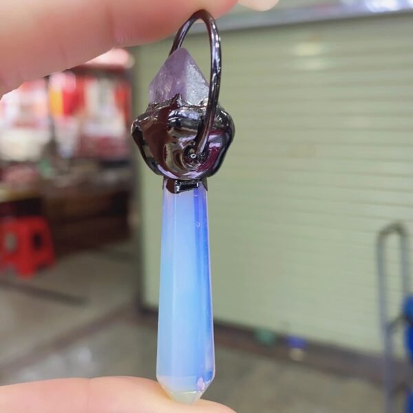 天然能量水晶 天然紫水晶镶嵌蛋白石六角柱吊柱灵气师手工 - 图片 3