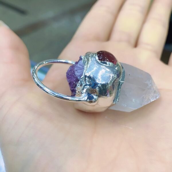 天然能量水晶 天然白水晶原石吊坠紫水晶牙银色包边猫眼石镶嵌  项链灵气师手工 - 图片 4