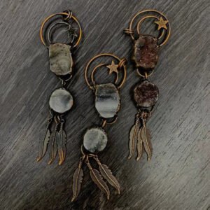 天然能量水晶 复古风玛瑙晶牙星星羽毛吊坠古铜电镀  产品灵气师手工