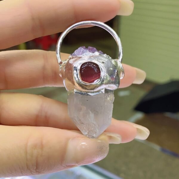 天然能量水晶 天然白水晶原石吊坠紫水晶牙银色包边猫眼石镶嵌  项链灵气师手工 - 图片 2