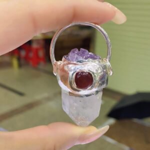 天然能量水晶 天然白水晶原石吊坠紫水晶牙银色包边猫眼石镶嵌  项链灵气师手工