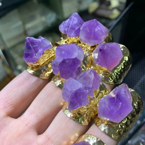 天然能量水晶 天然紫玉宽边戒指开口可调节金色电镀电商专供灵气师手工