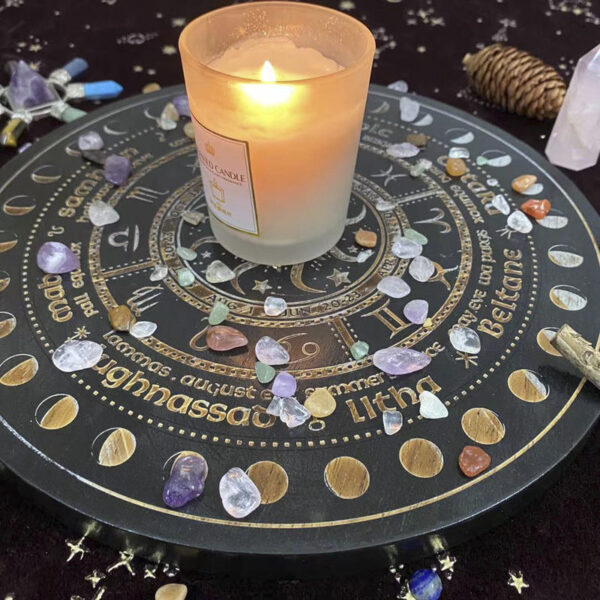 女巫占卜水晶橡木能量盘  祭坛星盘 轮盘橡木雕刻星盘 能量盘 - 图片 15