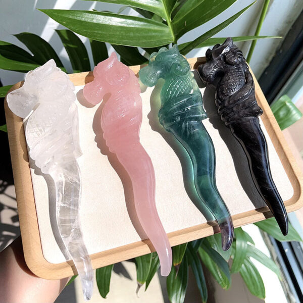 天然水晶权杖海马权杖白水晶粉晶萤石银耀石权杖水晶原石打磨雕刻 - 图片 2
