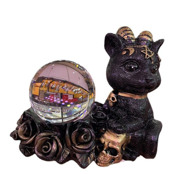 五芒星羊角猫骷髅黑猫树脂球摆件水晶球底座摆件 - 图片 5