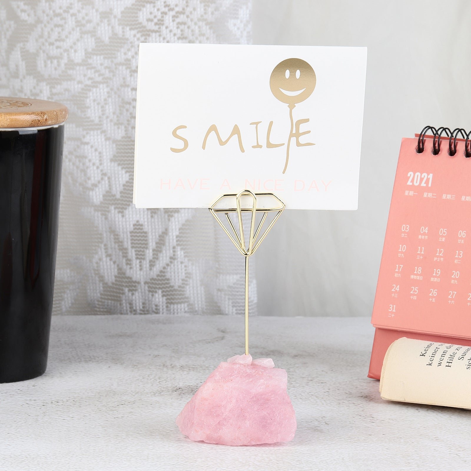 天然粉晶原石底创意金属图案便签夹 立式ins风简约卡片留言照片夹 天然粉晶原石底创意金属图案便签夹 立式ins风简约卡片留言照片夹