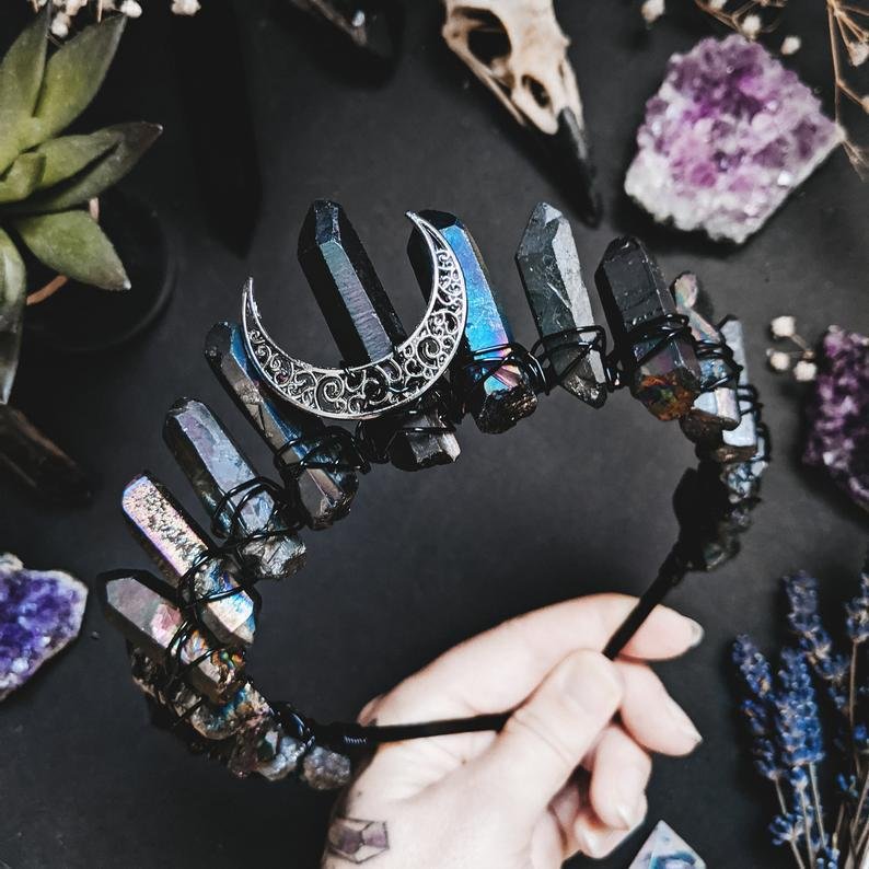 新款欧美风水晶皇冠头饰 天然石头灰色发饰 女巫风人工发箍 仪式工具 新款欧美风水晶皇冠头饰 天然石头灰色发饰 女巫风人工发箍 仪式工具