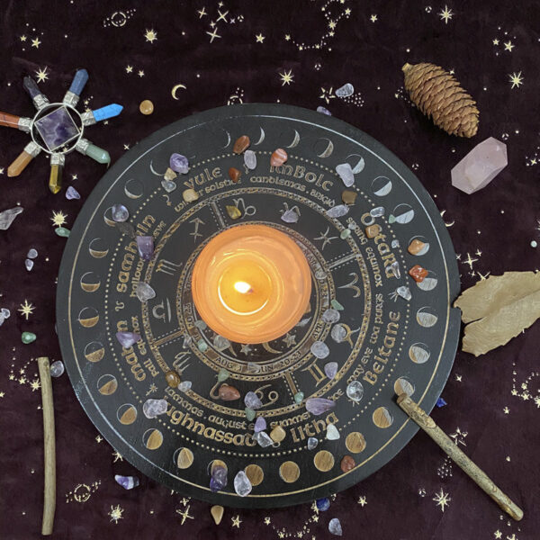 女巫占卜水晶橡木能量盘  祭坛星盘 轮盘橡木雕刻星盘 能量盘 - 图片 12