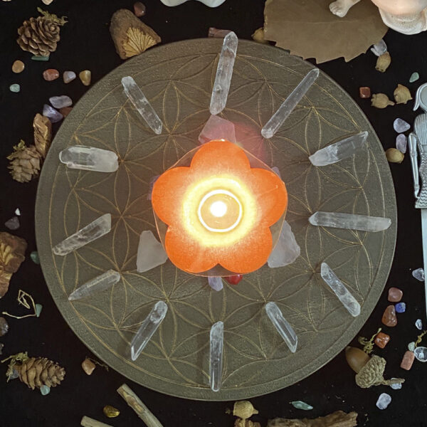 生命之花水晶能量盘 橡木雕刻星盘能量摆件 威卡wicca仪式摆件